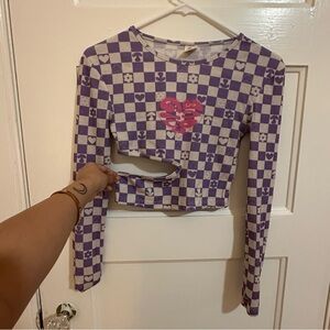 Purple Checkered Long Sleeve CropTop